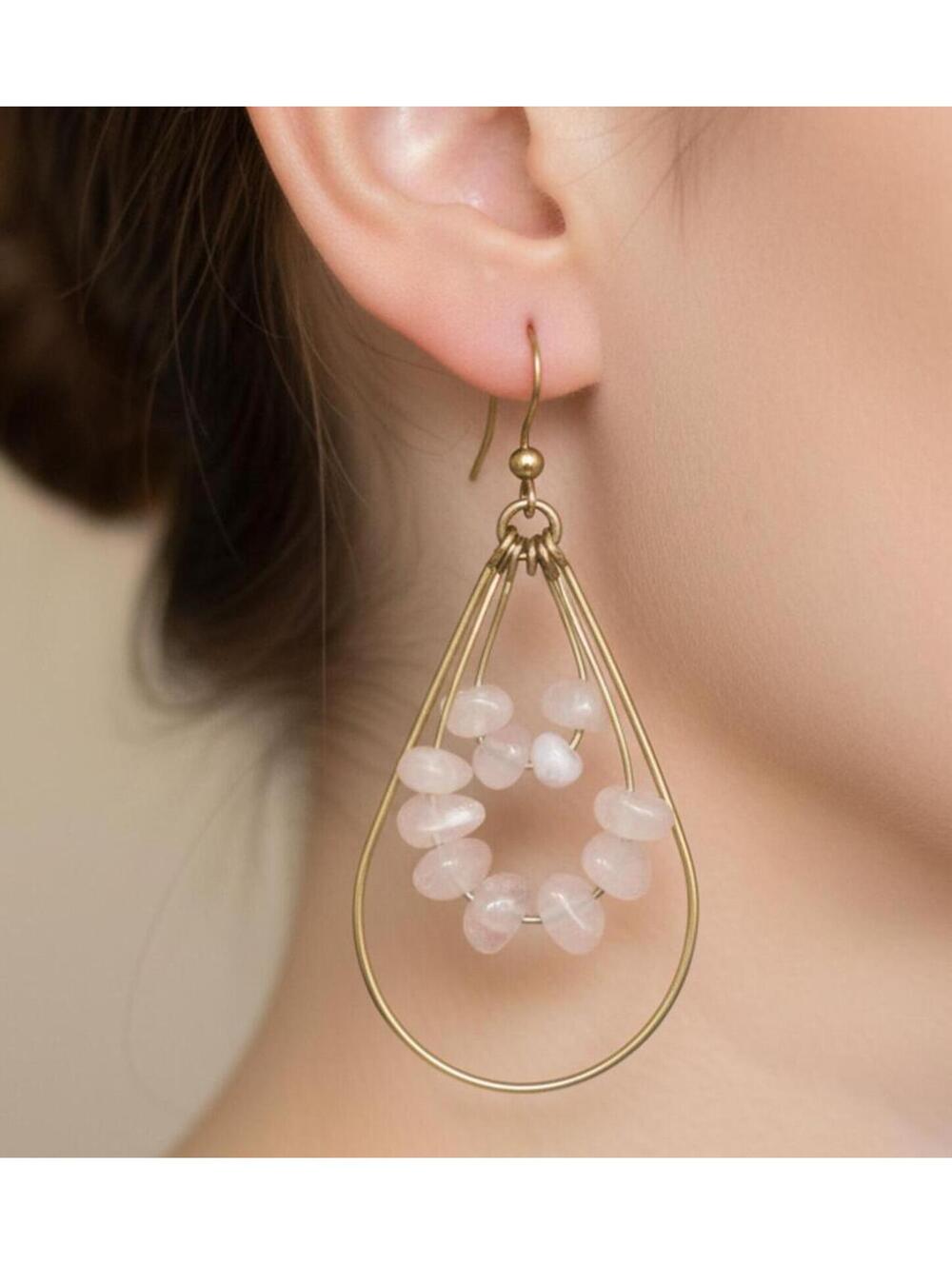 EARRINGS VTG Avon Golden Teardrop Hoop Earrings With Milky Pink Stones